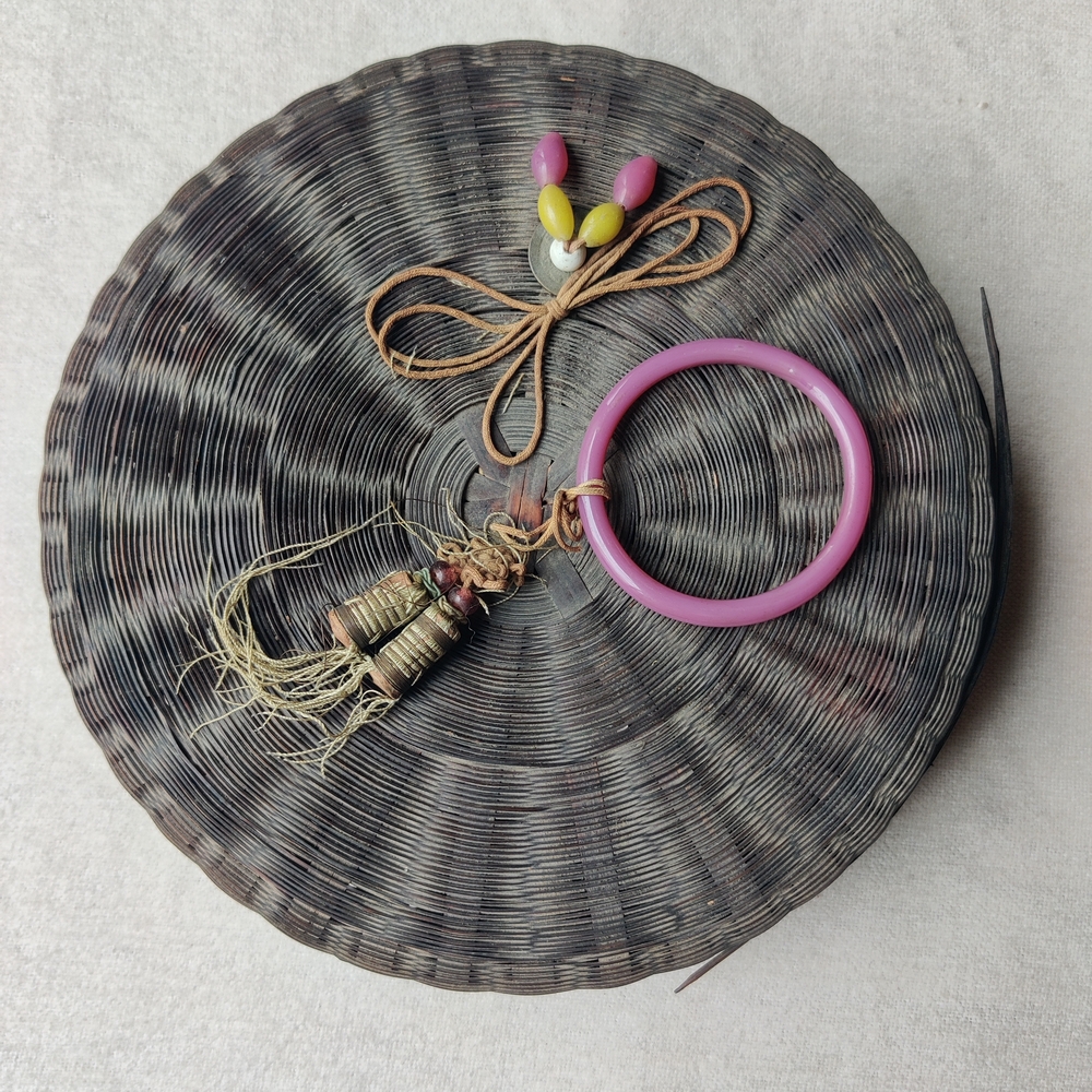 Chinese Woven Sewing Basket VTG Antique 10" Glass Beads Metal Coins Distressed